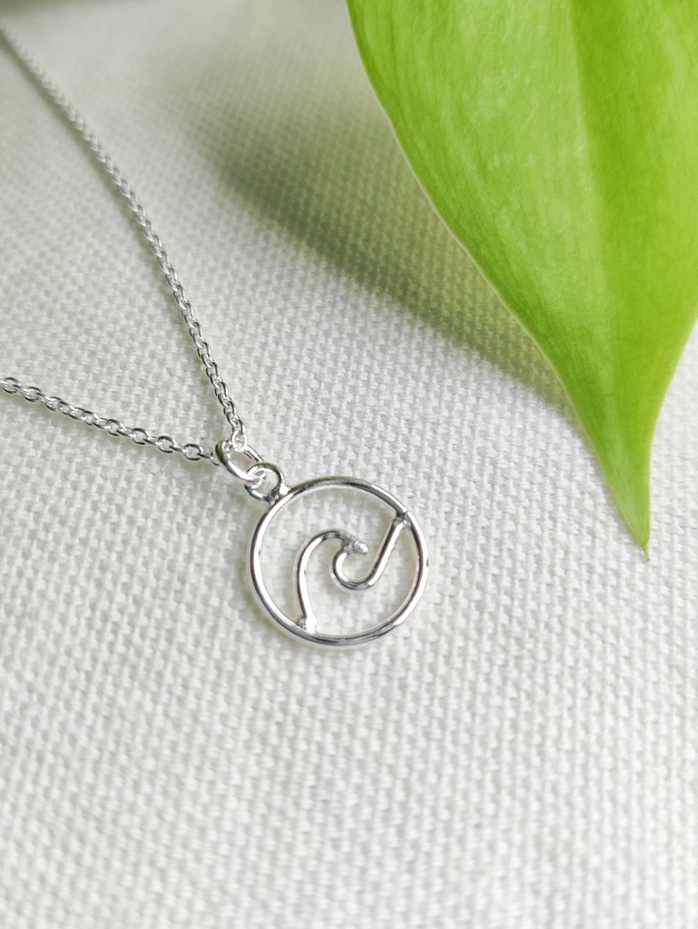 Wave Pendant Necklace, Sterling Silver, Cornish Design Featuring Seagull